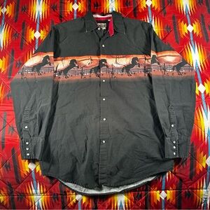 Vintage Cumberland Outfitters Pearl Snap Western Shirt Mens Size L Horses Black